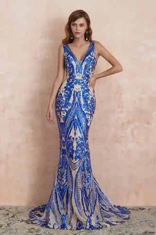 noble sleeveless mermaid blue sparkle sequin prom dress