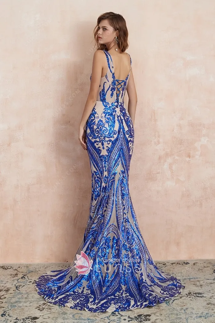 Noble Sleeveless Mermaid Blue Sparkle Sequin Prom Dress Lunss
