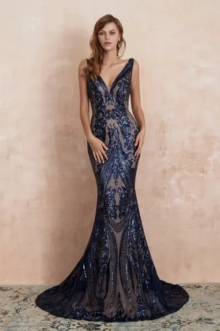 shimmering sequin v neck mermaid navy blue prom dress