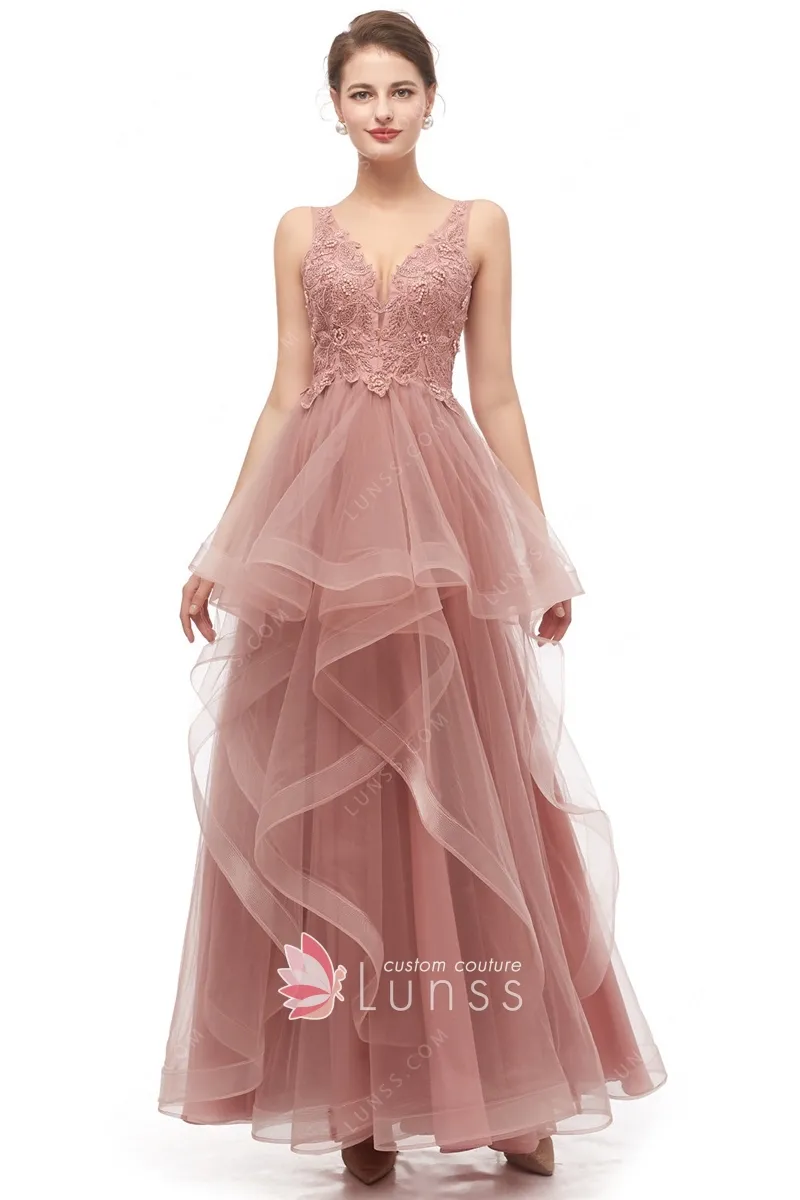 Vestido de fiesta de diseñador de tul de encaje perlado rosa nude con  volantes - Lunss