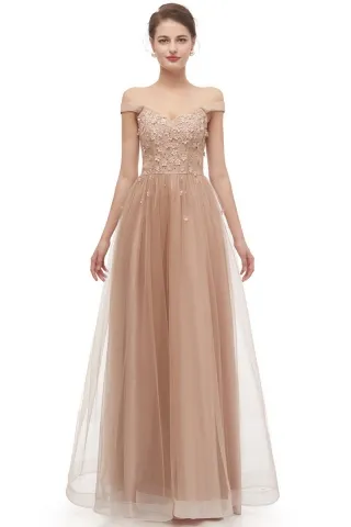 light brown 3d flower off the shoulder tulle prom dress