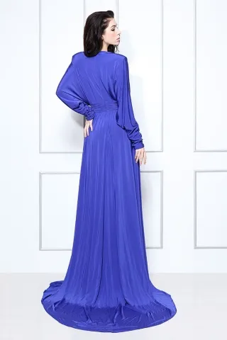 Sexy side slit deep V neckline long sleeves blue prom dress
