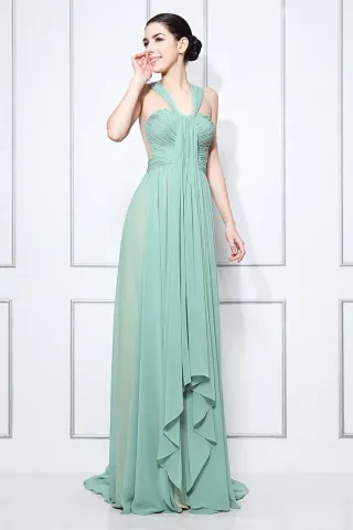 unique pleated wide straps green chiffon celeb prom dress