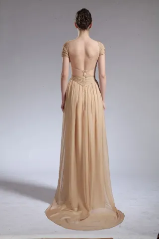 Pleated champagne chiffon fabric low back prom dress