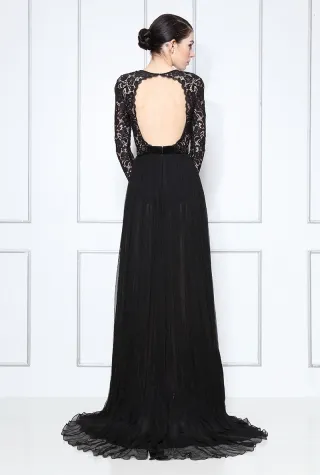black lace and chiffon open back celebrity prom dress