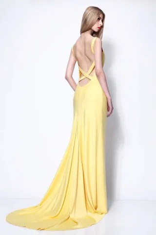 Yellow satin long fashion formal dress for evening and prom