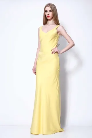 yellow satin v neck long formal dress