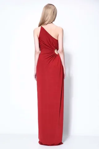 One shoulder red sheath prom dress with side slit