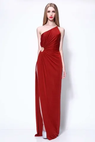 single strap side cut out draped red slit celebrity dress