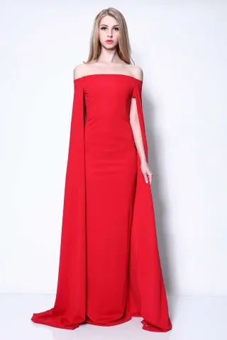 unique caped off the shoulder red celebrity prom dress