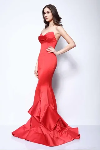ruffled mermaid red satin prom dress