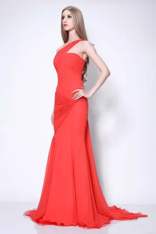 red chiffon one shoulder mermaid dress