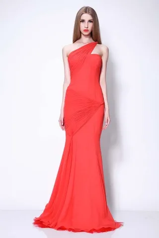 red chiffon one shoulder strap celebrity mermaid dress