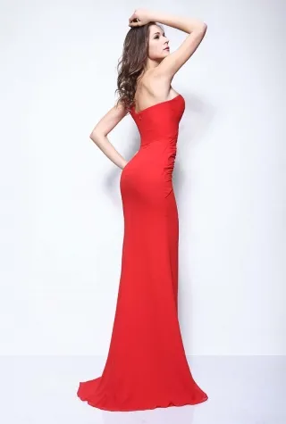 Single shoulder strap red mermaid floor length evening dress