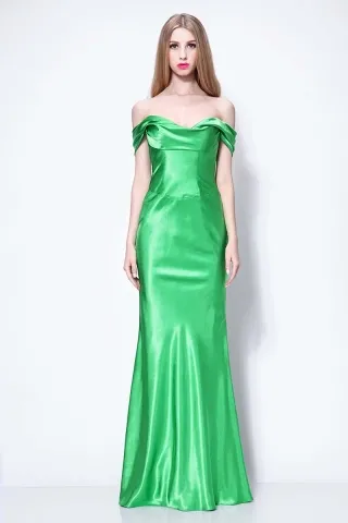 off shoulder green satin evening dress