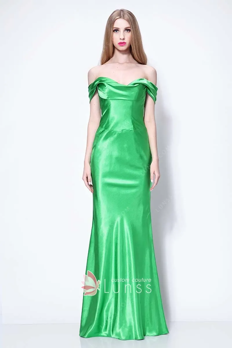 Long Sleeve Off Shoulder Green Lace Satin Fishtail Evening Gown