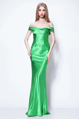 off the shoulder green satin celebrity evening dress