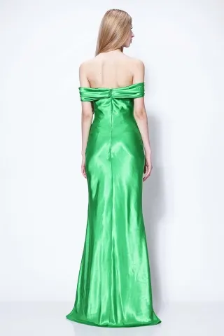off the shoulder neckline green satin mermaid long evening prom dress