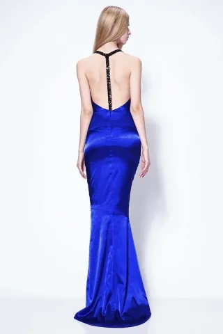 Rosie Huntington Whiteley inspired royal blue sexy satin evening dress