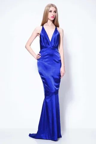 sexy royal blue satin plunging neck mermaid evening dress