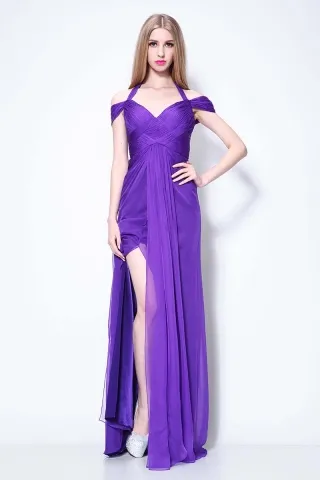 criss crossed pleated purple chiffon cold shoulder dress