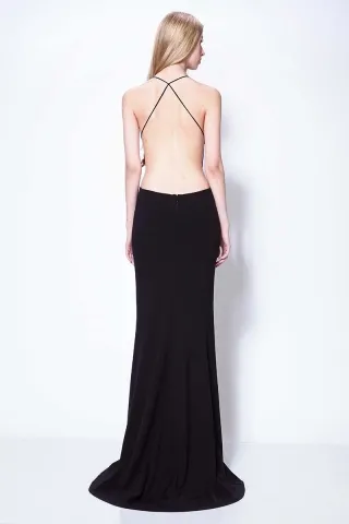 sexy backless plunging neckline and slit celebrity long prom gown