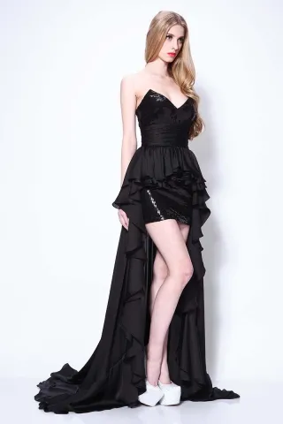 Black sequin high low prom dress