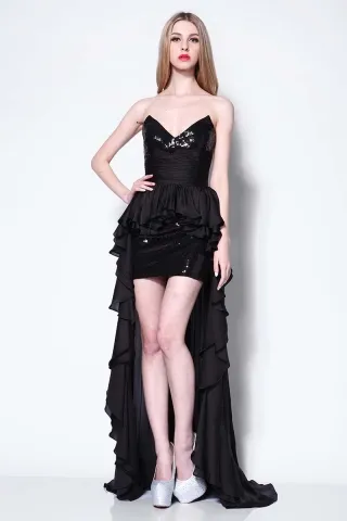 black sequin ruffled chiffon prom gown