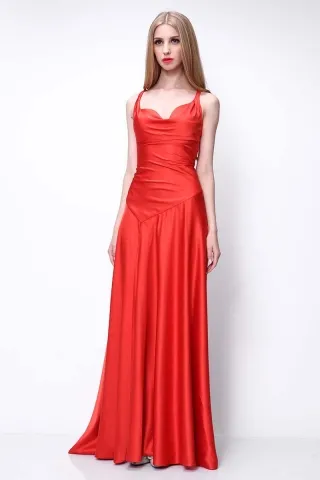 red satin a line long evening dress