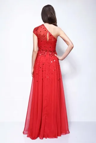 one shoulder sequinned red chiffon A line long evening prom dress