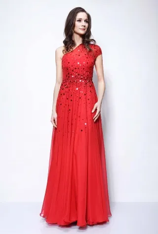red sequinned one shoulder celebrity inspired prom dress