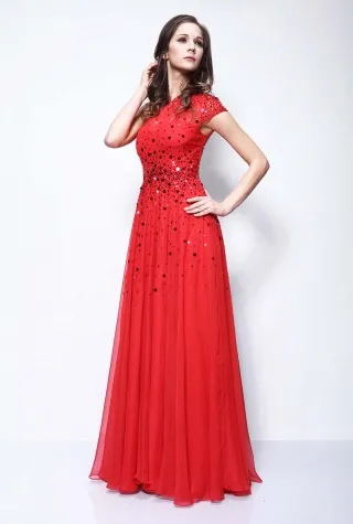 red sequinned one shoulder prom dress