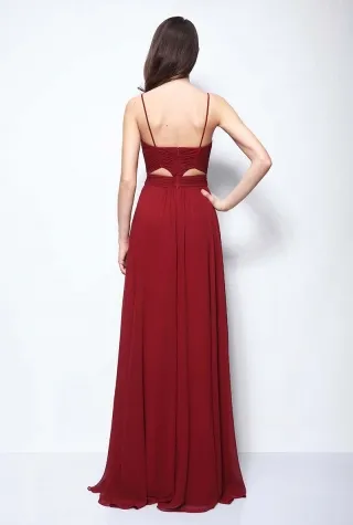 cut out pleated burgundy chiffon A line long celebrity dress with spaghetti straps