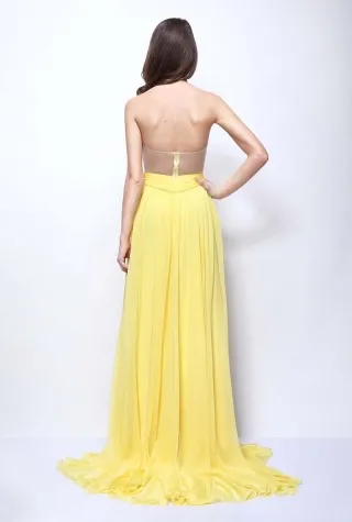 Pleated yellow chiffon celebrity prom dress