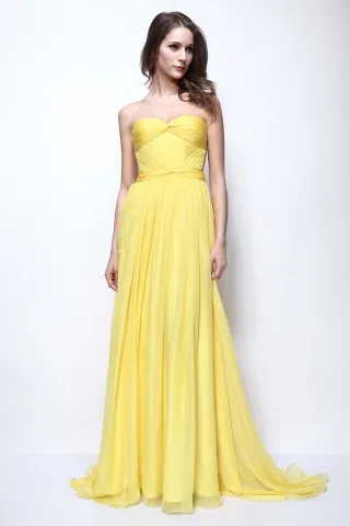 Flowy Strapless Yellow Beaded Jellyfish Skirt Chiffon Classy Prom Dress