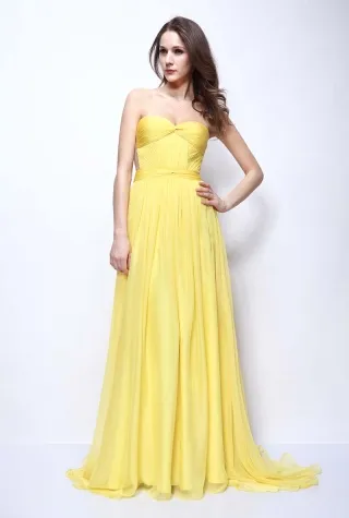 pleated strapless yellow chiffon dress