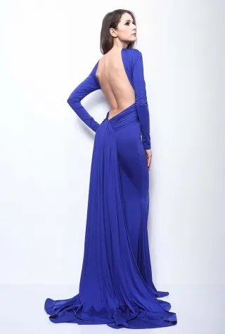 royal blue jersey long sleeve backless celebrity evening dress