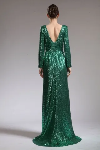 long sleeve V back green sequin dress