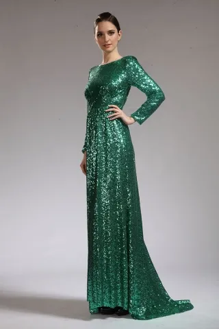 long sleeve V back green sequin long evening dress