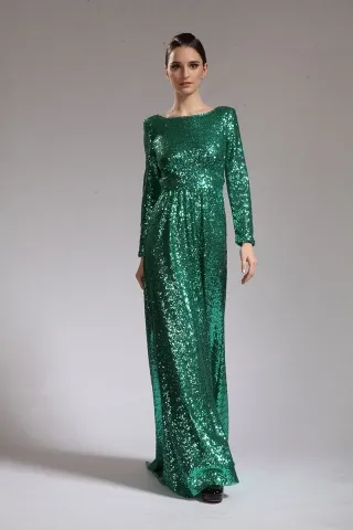 sparkly green sequin bateau neck long sleeve celeb dress