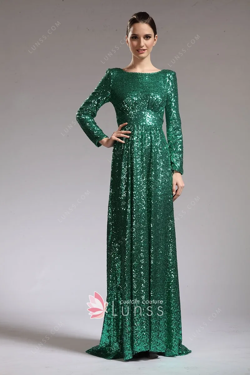 Sparkly Green Sequin Bateau Neck Long 