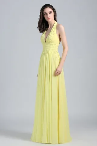 halter neckline yellow chiffon A line dress