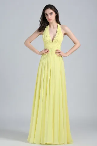 yellow chiffon halter plunge v neck celebrity prom dress