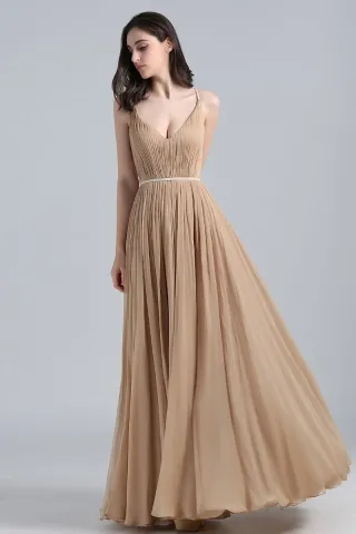 celebrity inspired pleated nude chiffon long dress