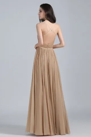 nude chiffon A line long celebrity dress