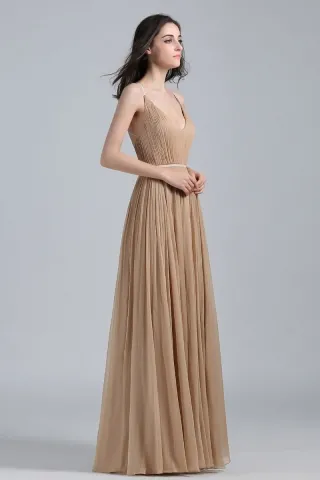 pleated nude chiffon slit celebrity gown