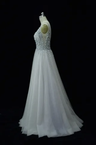 pearled plunging neck gray tulle dress