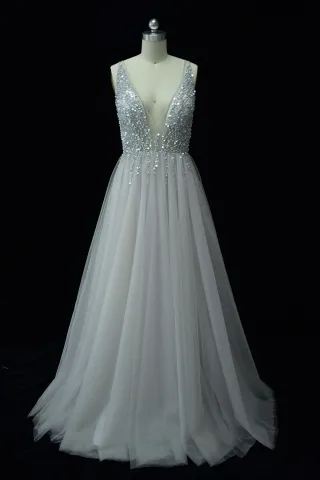 pearled plunging v neckline gray tulle long prom dress