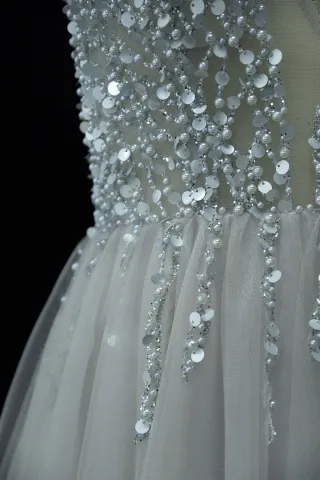 pearls beaded gray tulle dress