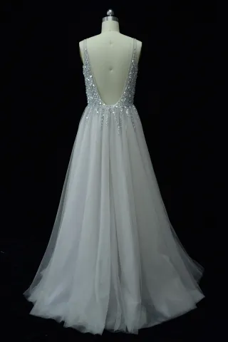 pearls low back gray tulle prom dress